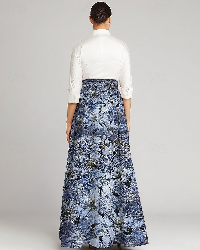 Robe Mère de la Mariée A-Line en brocart jacquard bleu Élégante Vintage Col chemise Longueur de sol Tissu extensible Manches longues avec nœud(s) Bloc de couleur de 2025 ? $149.99 –P3