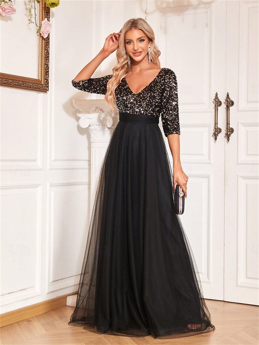 A-linjainen Quinceanera-Mekot Elegantti Mekko Virallinen Häät Lattiapituus Puolihihainen V-kaula-aukko Tylli Strassilla 2025 - $99.99 –P32