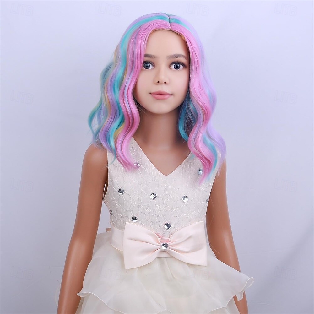 Dětská duhová paruka krátká vlnitá barevná paruka vícebarevná paruky dívčí syntetické cosplay halloweenské kostýmní paruky 2025 - $24.99 –P4