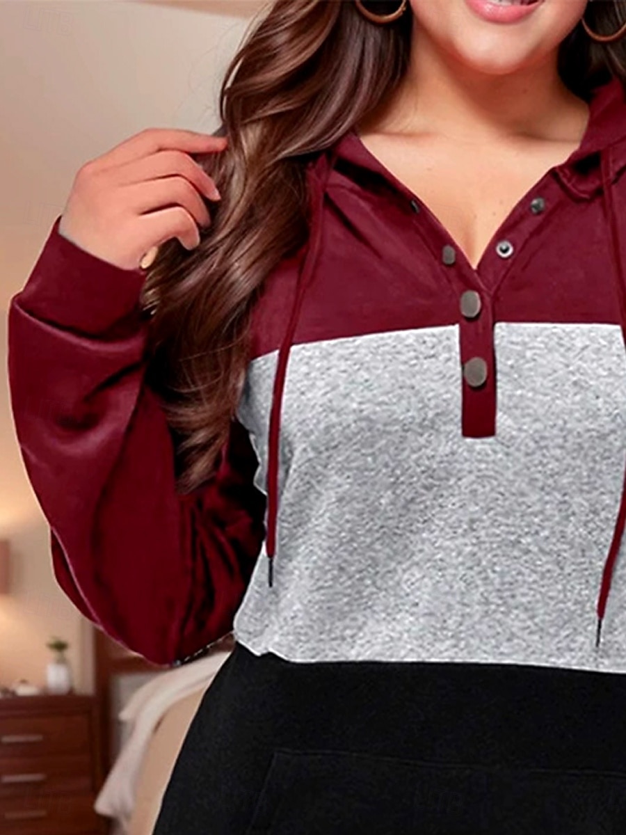 Dam Pullover Hoodie Sweatshirt Färgblock Ledigt Långärmad V-hals Vanliga toppar Ledigt Lappverk Ficka Knappar Vin Grå Vår Höst Vinter 2025 - $31.99 –P2