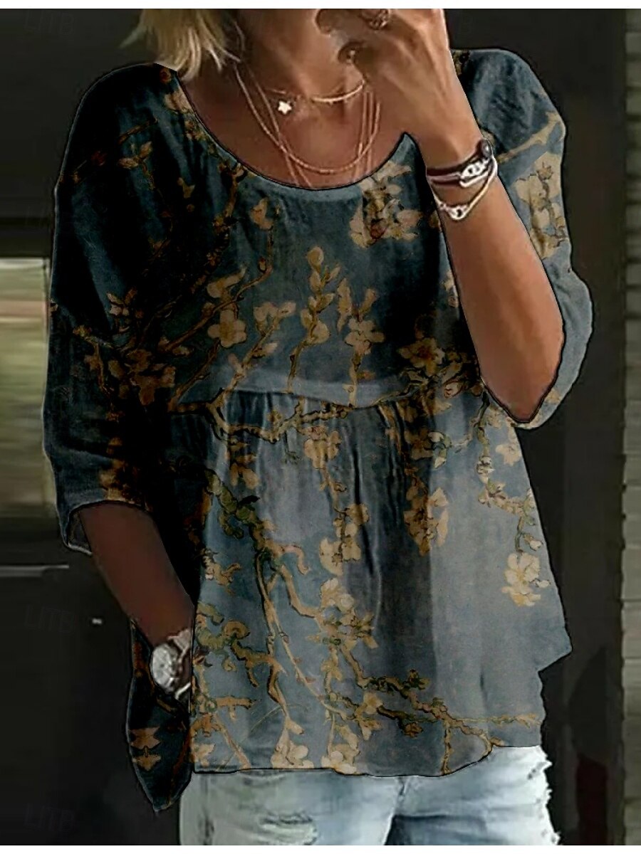 Per donna Blusa Floreale Elegante Manica 3/4 Girocollo Top Regolari Quotidiano Ferie Stampato Nero Verde chiaro Blu marino Viola Verde Estate del 2025 a $21.99 –P2