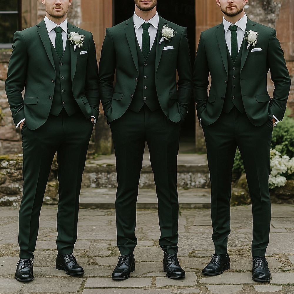 Masculino Casamento O negócio Fato Lapela Chanfrada Verde Escuro Moda Formal Cor Sólida Padrão Conjunto de 3 peças Comum 2 Botões de 2025 por $122.99 –P1