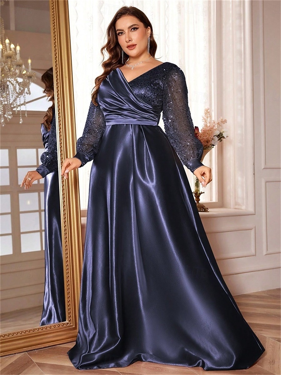 Robe A-Line Grande Taille Élégante Robe Courbe De Mariage Formelle Longue Au Sol Manches Longues Col en V En Polyester Avec Plis 2025 de 2025 ? $119.99 –P10