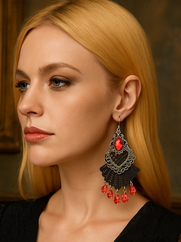 Boucles d'oreilles pendantes gothiques vintage en alliage pour femmes avec pierre noire et perles rouges, bijoux fantaisie pour fête d'Halloween pour style punk rétro de 2025 ? $9.99 –P1