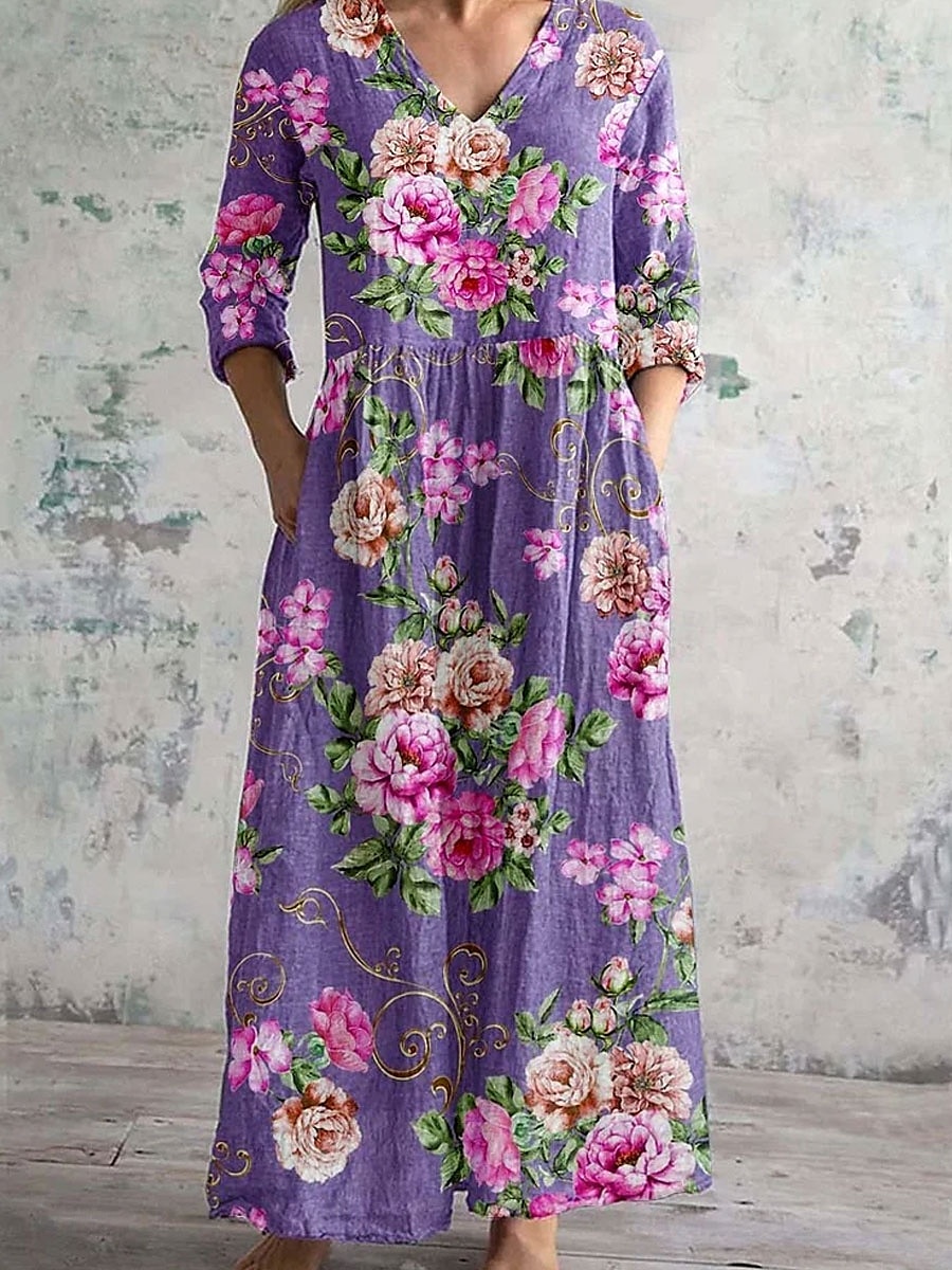 Women's Midi Dress A Line Dress Casual Outdoor Going out Loose Fit Floral Graphic 3/4 Length Sleeve V Neck Red Blue Purple Green Summer Spring Fall 2025 - $35.99 –P3