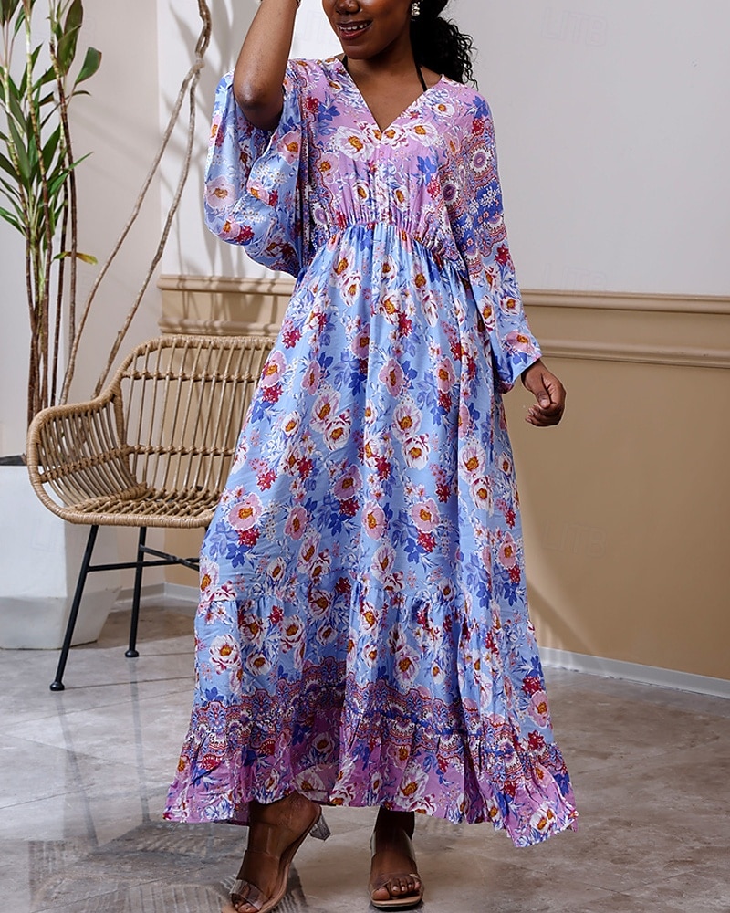 Damen Langes Kleid Maxikleid Freizeitkleid Schwingkleid Boho-Kleid Westernkleid Elegant Mode Romantisch Outdoor Urlaub Party Normale Passform Blume Langarm V Ausschnitt Blau Frühling Herbst 2025 - $26.99 –P6