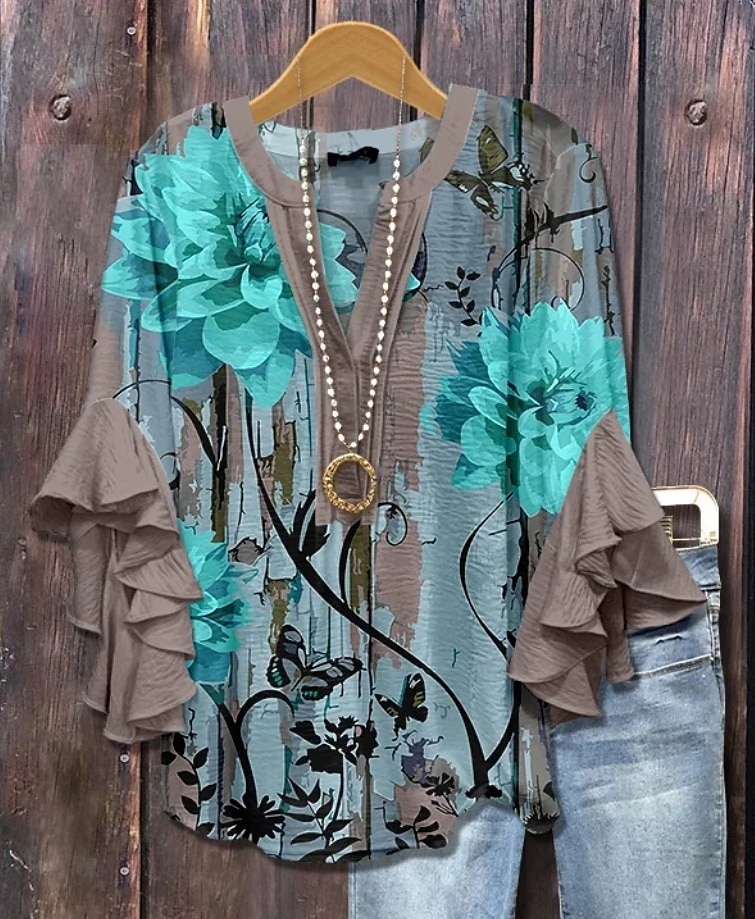 Damen Bluse Blumen Grafik Gestreift Elegant Bohemien Ethnisch Dreiviertelarm V Ausschnitt Normale Oberteile Täglich Ferien Urlaubskleidung Rüsche Druck Rosa Blau Staubiges Blau Grün Khaki Sommer 2025 - $29.99 –P4