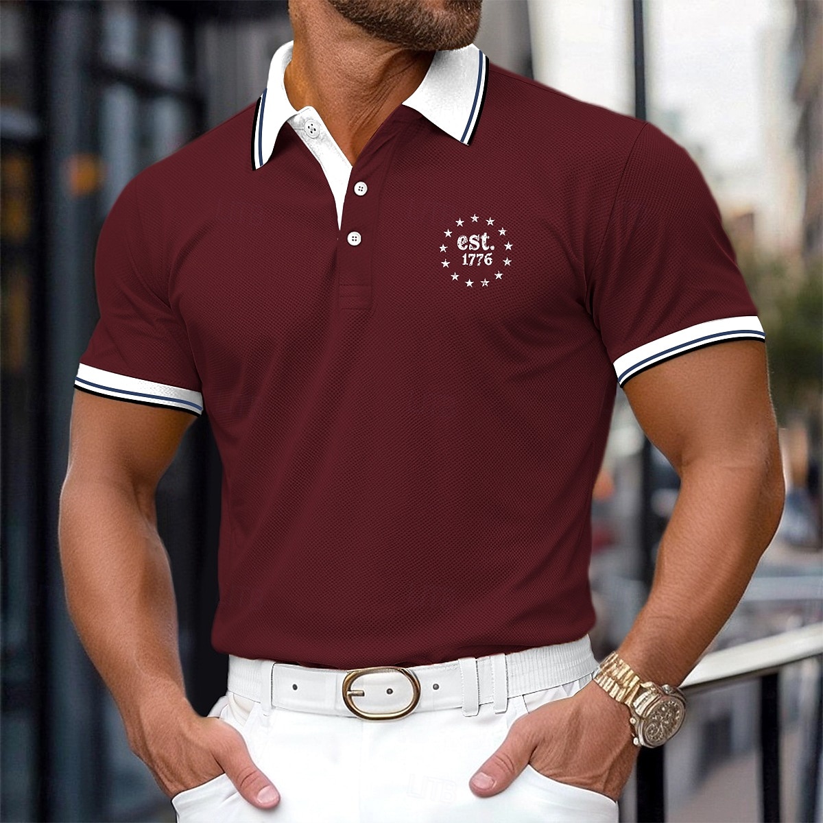 Férfi Golfing Hétköznapi Sport Hajtóka Bordás pólógallér Rövid ujjú Alap Modern Színes Sas Kollázs Gombok Nyár Sárga Rubin Sötétkék Szürke Golfing 2025 - $23.99 –P9
