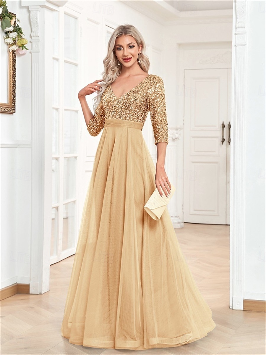 A-linjainen Quinceanera-Mekot Elegantti Mekko Virallinen Häät Lattiapituus Puolihihainen V-kaula-aukko Tylli Strassilla 2025 - $99.99 –P22