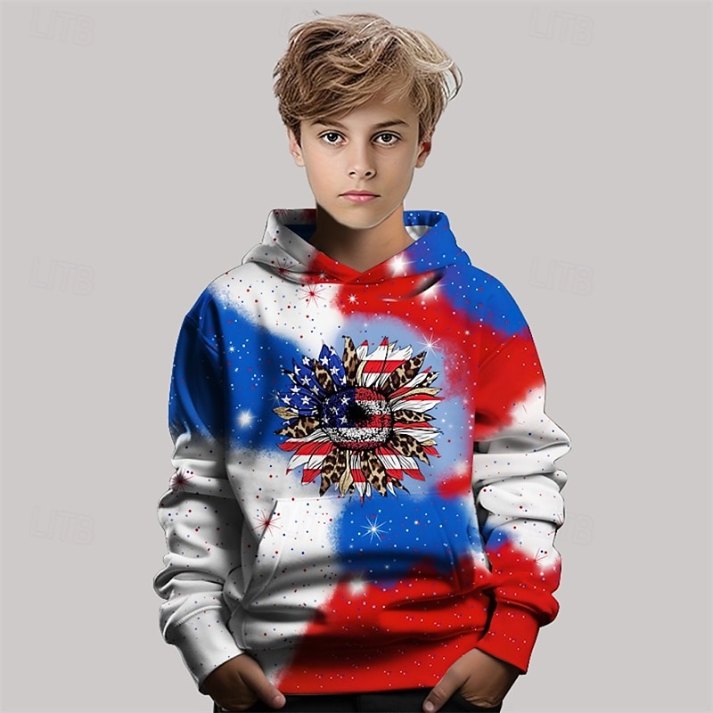 American Independence Day Boys' 3D Flag Hoodie Long Sleeve Spring Fall Fashion Streetwear Kids 4-12 Years Hooded Casual Daily Outdoor Regular Fit 2026 - E£1051.83 –P3