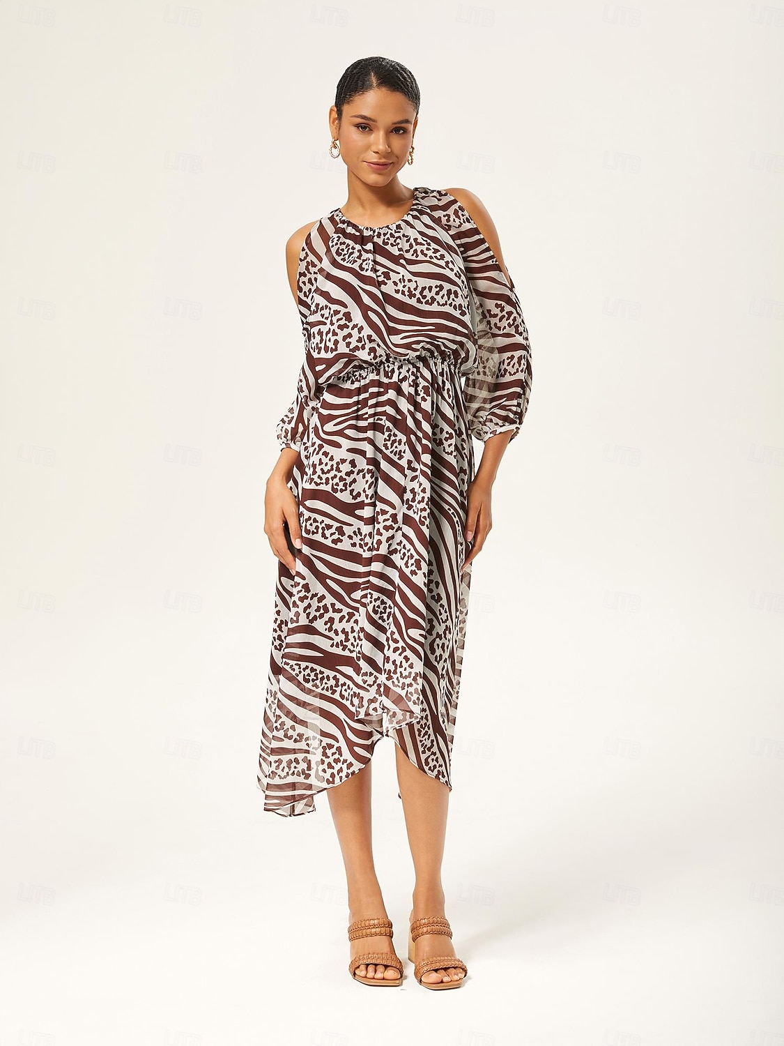 Dámské Žena Volnočasové šaty Hnědá Zebra tisk Studené rameno Léto Jaro Tričkový Elegantní XS S M 2025 - $97.99 –P2