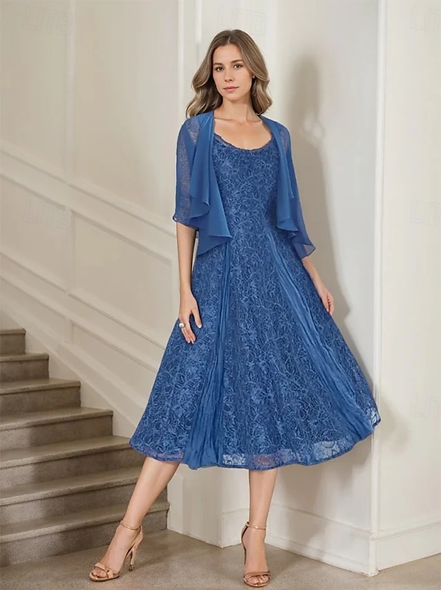 Zweiteiliges A-Linie Mutter der Braut Kleid Elegantes Einfaches Lässiges Bootsausschnitt Knöchellang Chiffon Lange Ärmel mit Spitzenrüschen 2025 - $129.99 –P4
