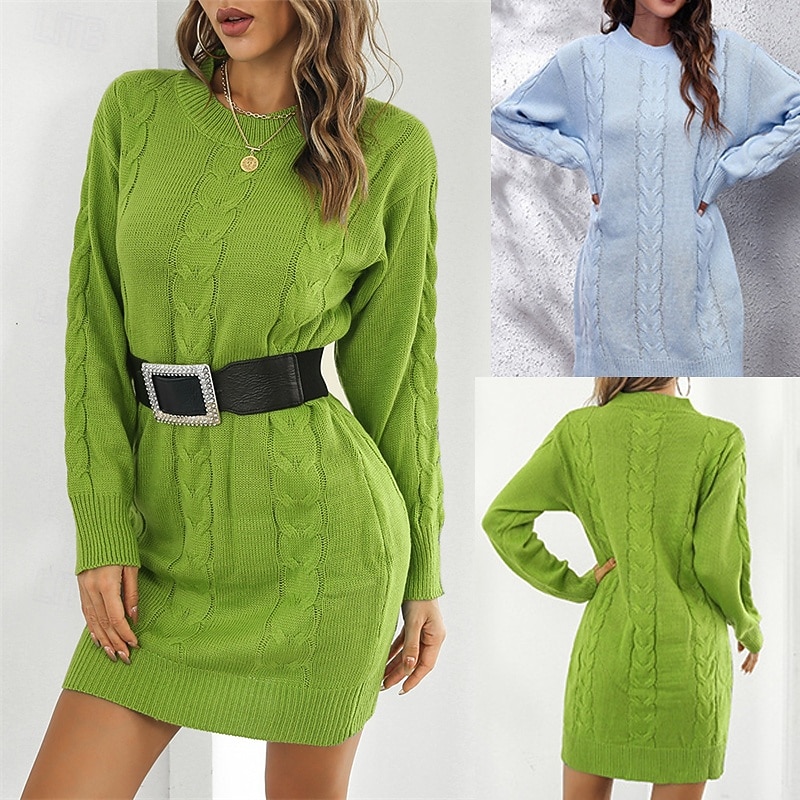 Femmes Mini Robe Robe Pull Robe Décontractée Mode Extérieur Soirée Fête Coupe régulière Uni manche longue Col ras du cou Bleu Vert Été de 2025 ? $29.99 –P1