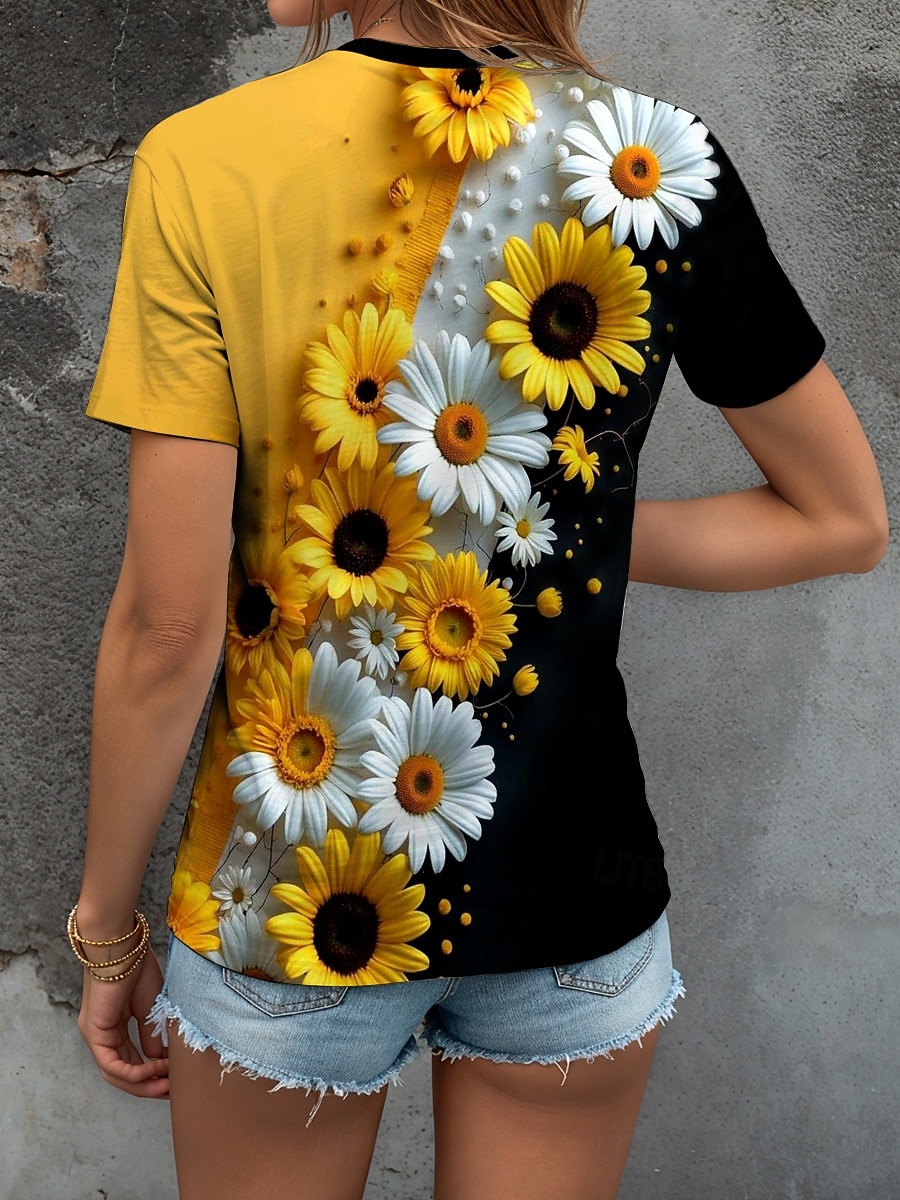 Femmes T-shirt Fleuri Graphique Plantes ancien Élégant Classique Manche Courte Col ras du cou Col rond Hauts Réguliers Quotidien Imprimé Noir et blanc Jaune Bleu Violet Fuchsia Été Printemps de 2025 ? $21.99 –P3