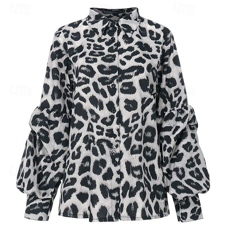 Per donna Camicia Leopardo Elegante Casual Manica Lunga Colletto a Camicia Top Regolari Quotidiano Bottoni Stampato Marrone Grigio Primavera Autunno del 2025 a $22.99 –P4