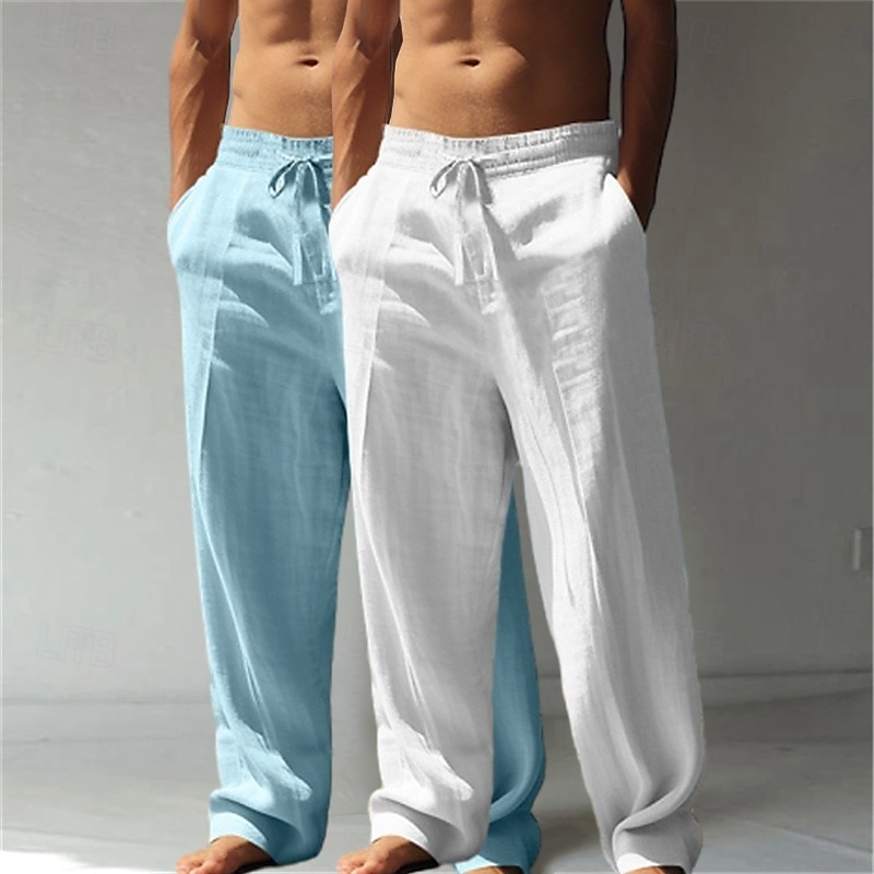 Herren Leinenhosen Hose Sommerhose Baggy-Hosen Strandhose Kordelzug Elastischer Bund Gerader Schnitt Einfach Komfort Atmungsaktiv Volle Länge Lässig Täglich Ferien Urlaub Klassicher Stil Grün + grau 2025 - $27.99 –P2