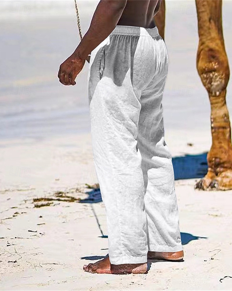 Herr Linne Byxor Långbyxor Sommarbyxor Strandbyxor Ficka Snörning Elastisk midja Slät Komfort Andningsfunktion Semester Dagligen Helgdag Hawaiisk Boho Svart Vit 2025 - $18.99 –P5