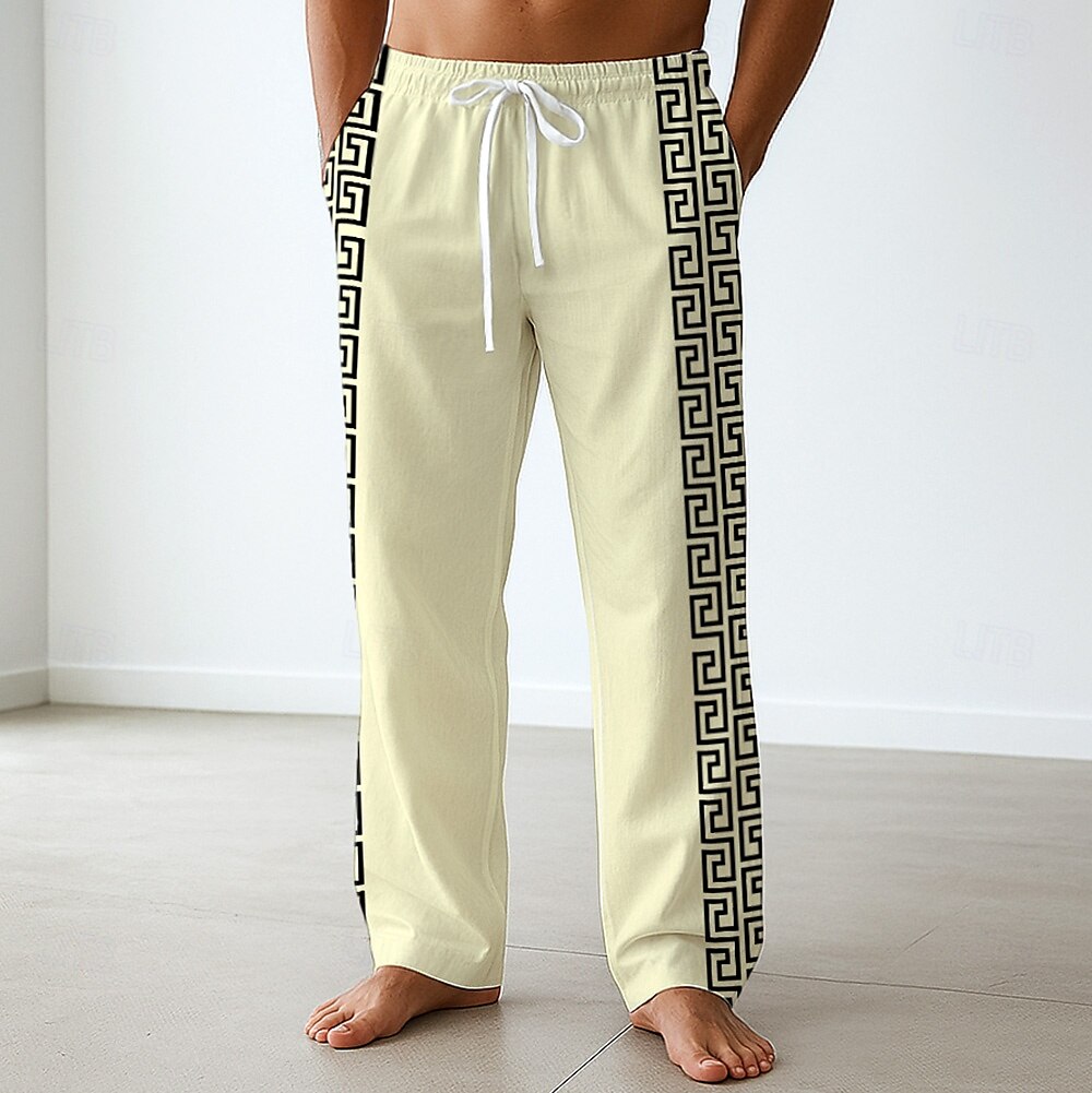 Men's Trousers Baggy Pants Casual Pants Side Pockets Elastic Waist Wide Leg Greek Key Meander Full Length Outdoor Vacation Ethnic Style White Blue Inelastic 2025 - $27.99 –P5