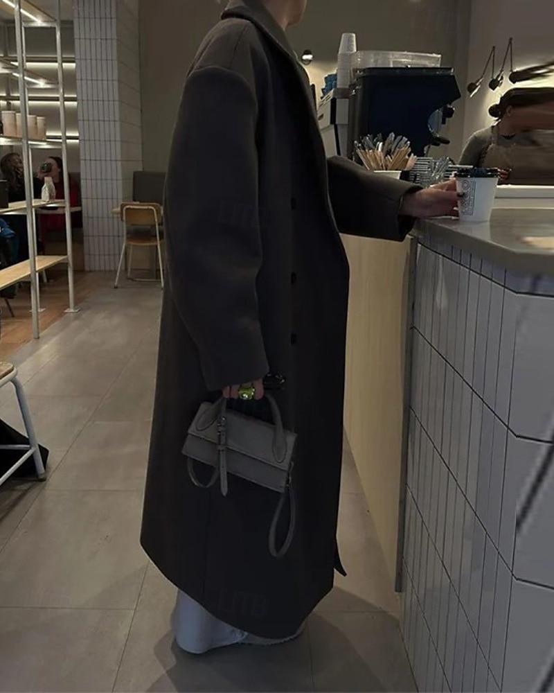 Dam Kappa Håller värmen Bekväm Ficka Knappar Mode Slät Utekväll Helgen Dubbelknäppt Lång Nedvikt Normal Långärmad Ytterkläder Kaffe Höst Vinter 2025 - $47.99 –P4