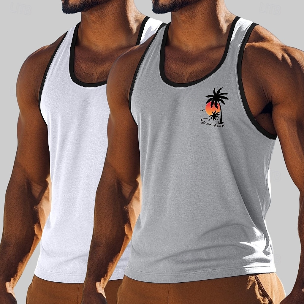 Per uomo Canotta Maglietta smanicata Maglietta senza maniche Canotta Muscolare Senza Maniche Girocollo Estate Albero di Cocco Sport Moda Casual 2 Pezzi Confezione multipla Stampato Casuale Spiaggia del 2026 a $18.99 –P7