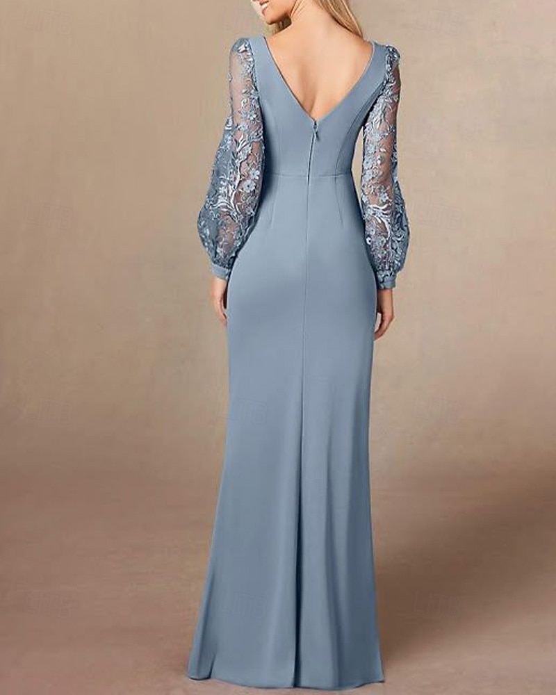 Abito da madre della sposa a tubino/colonna blu polvere, elegante, semplice e minimalista, con scollo a barca, lunghezza al pavimento, in crêpe elasticizzata, maniche lunghe con ricami in pizzo 2025 del 2025 a $149.99 –P2