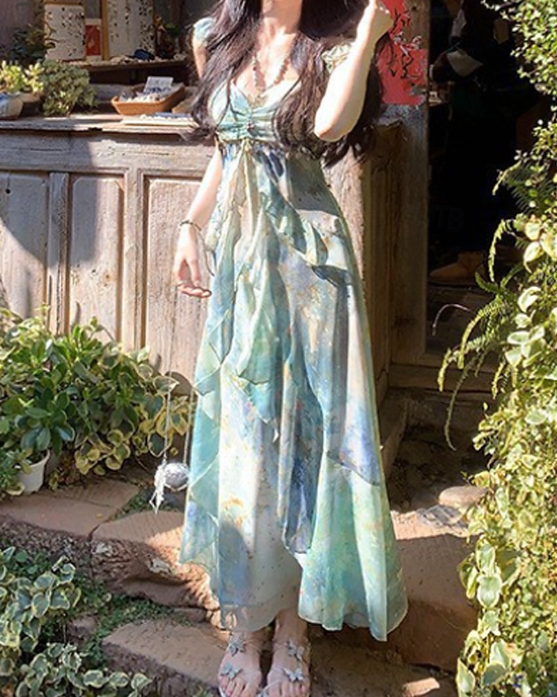 Dames Lange jurk maxi-jurk Jurk met print Modern Vakantie Feestdagen Teaparty Normale pasvorm Bloem Mouwloos V-hals Groen Zomer 2025 - $31.99 –P8