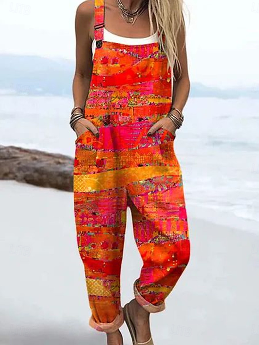 Dame Jumpsuit Ferie Årgang Fritid Full lengde Høy Midje Blomstret Grafisk Snorer Uelastisk Feriereise Gate Avslappet Mørk Navy Himmelblå Oransje Grønn Sommer Vår Høst Løstsittende 2025 - $26.99 –P2