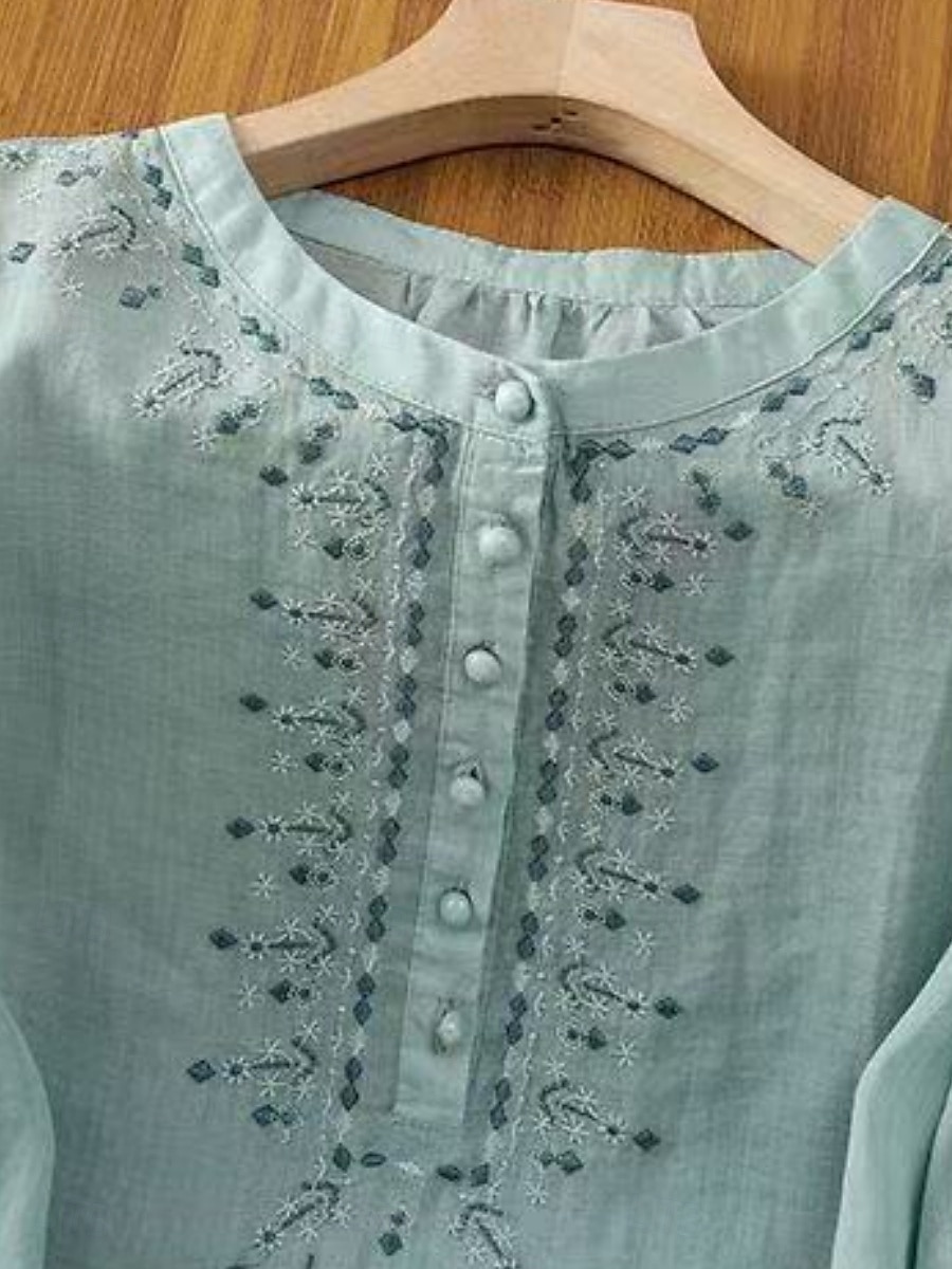 Dame Skjorter i bomullslin Helfarge Grunnleggende Fritid 3/4 ermer Crew-hals Vanlige topper Daglig Broderi Knapper Rosa Blå Aprikos Sommer 2025 - $17.99 –P11