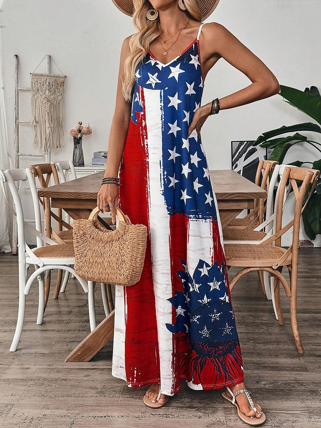 Independence Day Women's Patriotic Fourth of July Maxi Dress A Line Dress Slip Dress Vacation Casual Outdoor Going out Regular Fit Graphic American Flag Sleeveless V Neck Spaghetti Strap Blue 2025 - $27.99 –P3