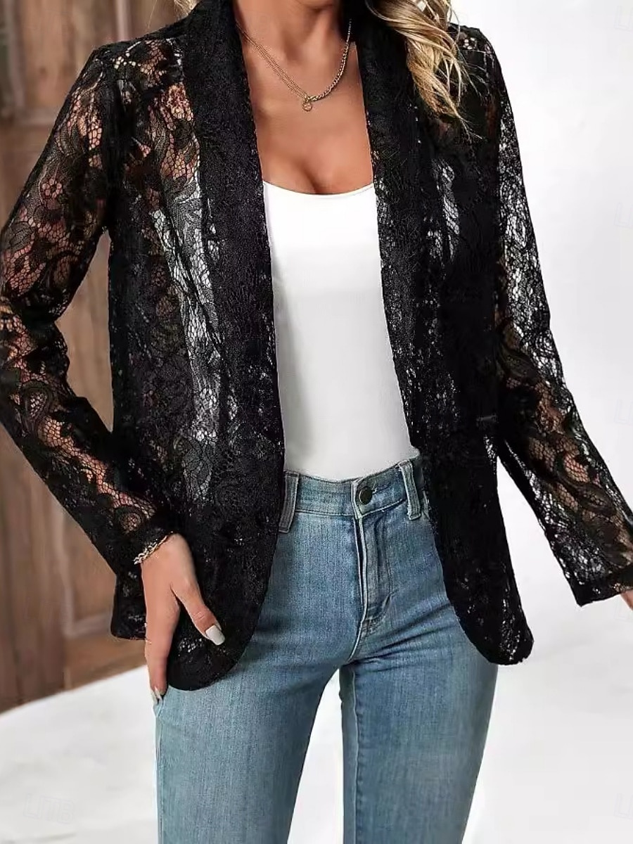 Dam Vardaglig jacka Andningsfunktion Bekväm Lappverk Elegant Ledigt Slät Semester Gata Ledigt Dagliga kläder Öppen front Normal Hakslag Normal Långärmad Ytterkläder Svart Vit Sommar Vår 2025 - $22.99 –P4
