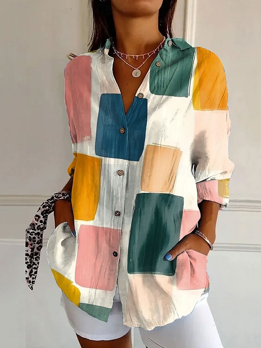 Women's Shirt Floral Graphic Geometric Daily Stylish Modern Long Sleeve Shirt Collar Regular Tops Work Daily Buttons Print White Pink Blue Orange Green Summer Spring 2025 - $32.99 –P2