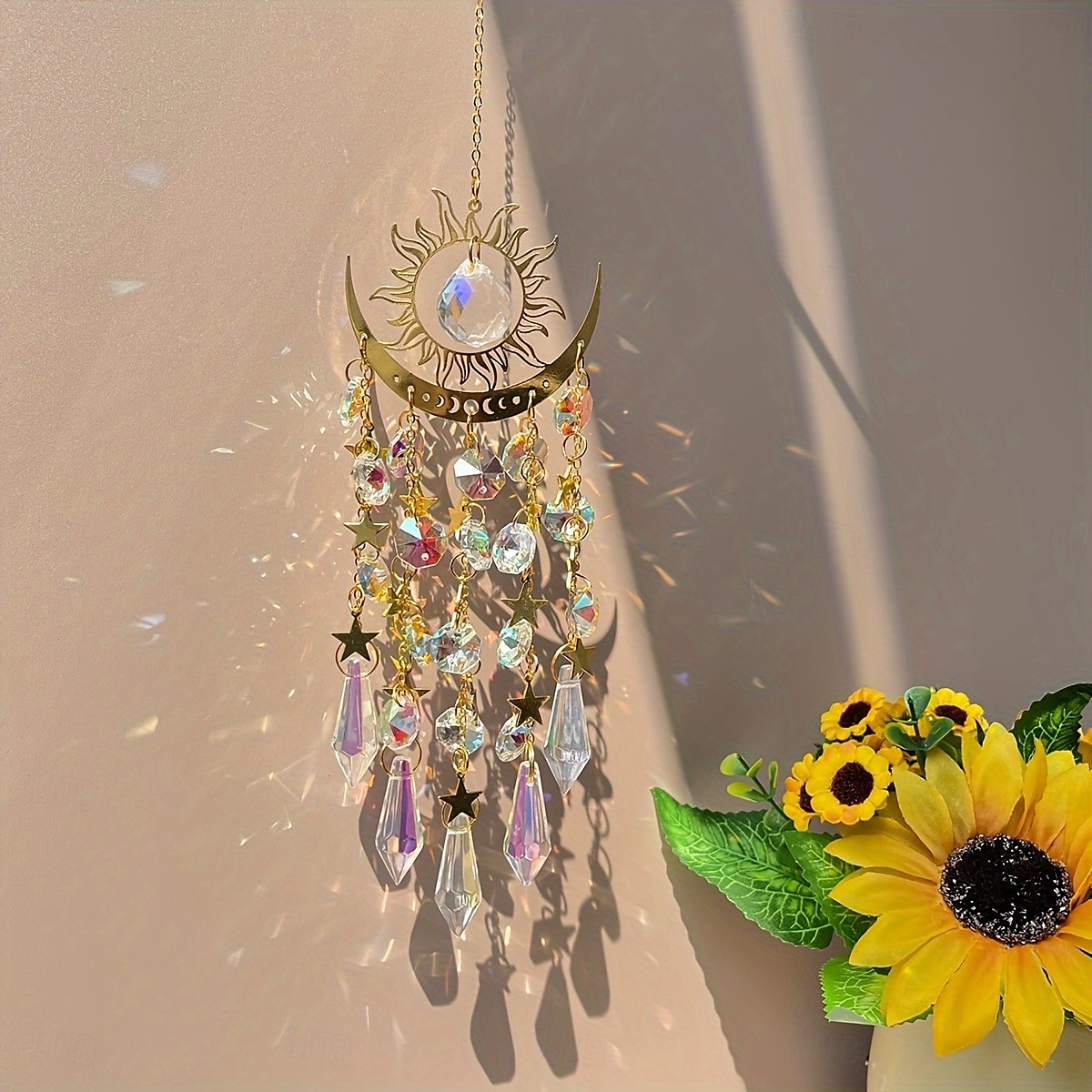 Crystal Sun Catcher Golden Flame Moon Hanging Ornament, AB Color Window Hanging Decor for Indoor Outdoor Garden Courtyard Bedroom, Suncatcher for Window Light Prism Decoration 2025 - $18.99 –P6