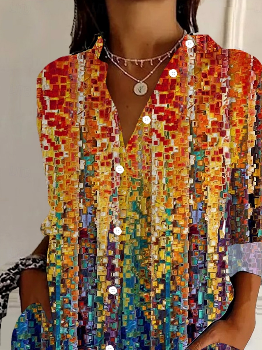 Damen Hemd Ombre Grafik Geometrisch Täglich Stilvoll Modern Langarm Hemdkragen Normale Oberteile Täglich Ferien Knöpfe Druck Rote Regenbogen Sommer Frühling Herbst 2025 - $32.99 –P2