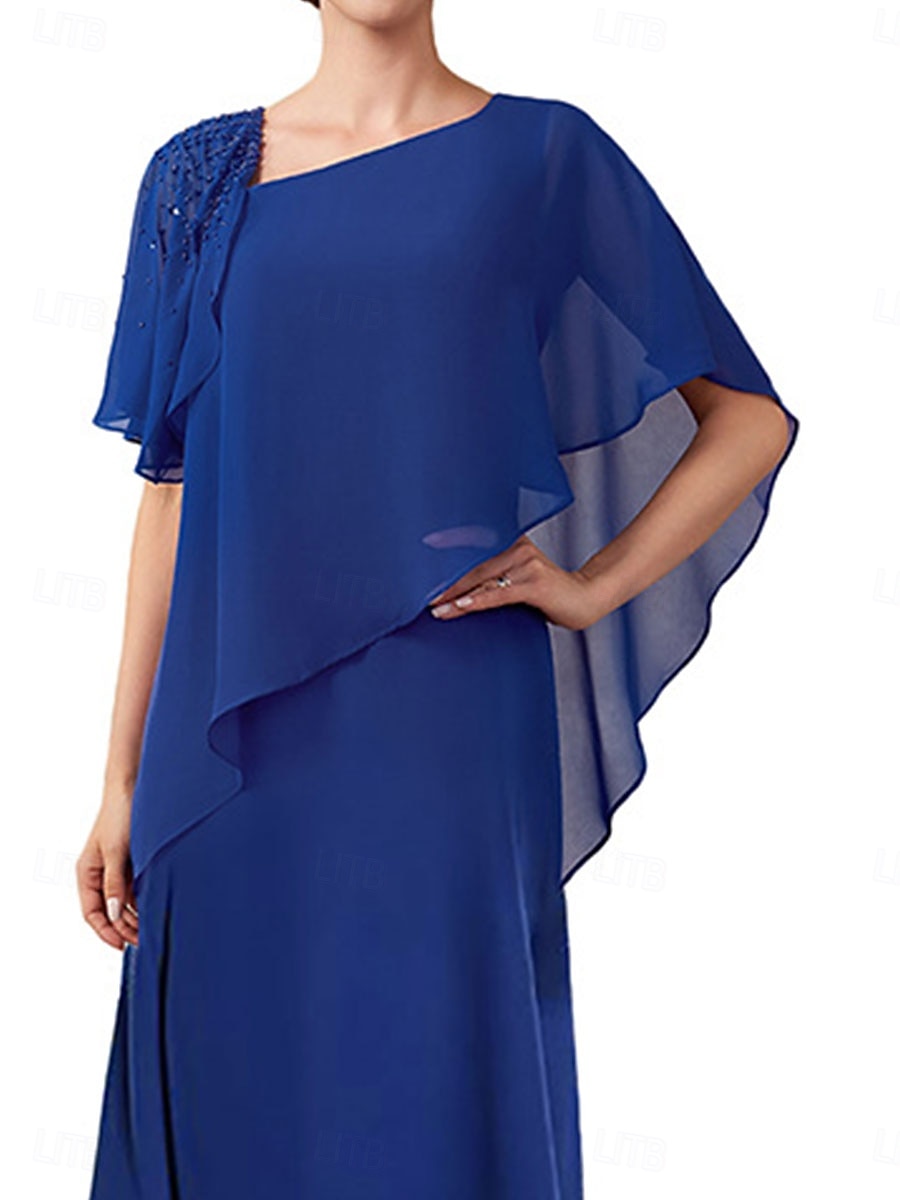 A-Line Mother of the Bride Dress Elegant Simple Square Neck Ankle Length Chiffon Short Sleeve with Solid Color 2025 - $109.99 –P3