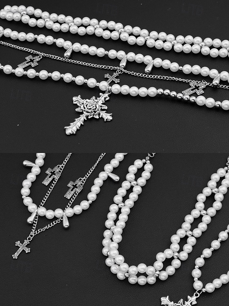 Collana multistrato con perle, rose e crocifisso gotico da donna - collana multifilo vintage per feste di Halloween e occasioni vintage del 2025 a $11.99 –P5