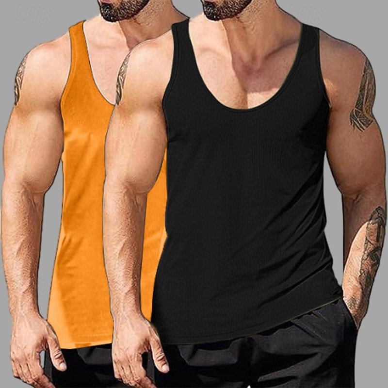 2PCs Men's Tank Top Undershirt Sleeveless Shirt Wife beater Shirt Sleeveless Deep U Scoop Neck Scoop Neck Summer Solid Color Plain Pit Strip Fashion Designer Sporty Ribbed Plain Casual Tank top 2026 - $20.99 –P9
