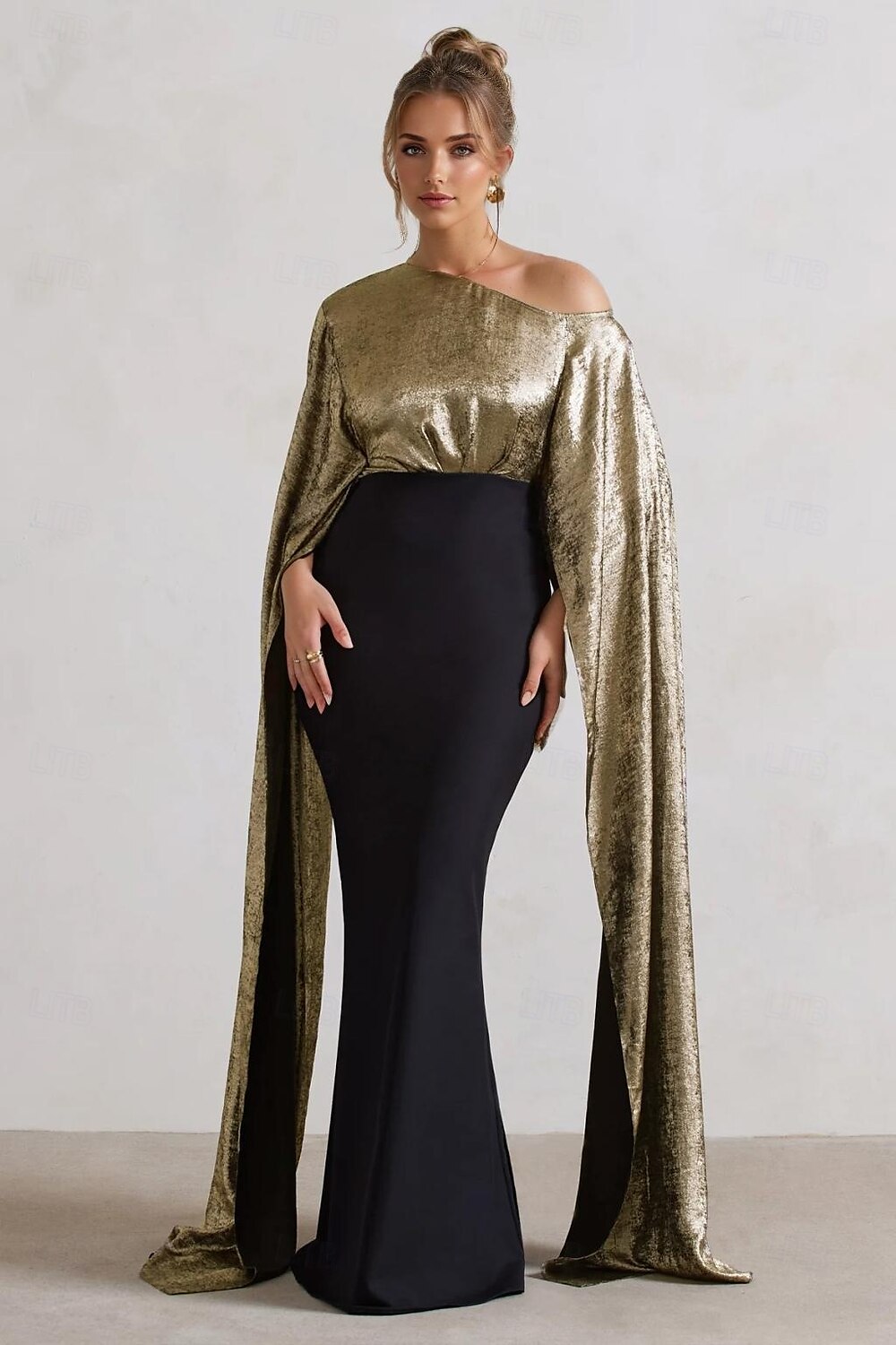 vestido de capa preto estilo sereia/trompete, elegante, formal, casamento, cauda longa/escova, um ombro só, tecido lurex, crepe elástico com detalhes franzidos 2025 de 2025 por $145.99 –P2