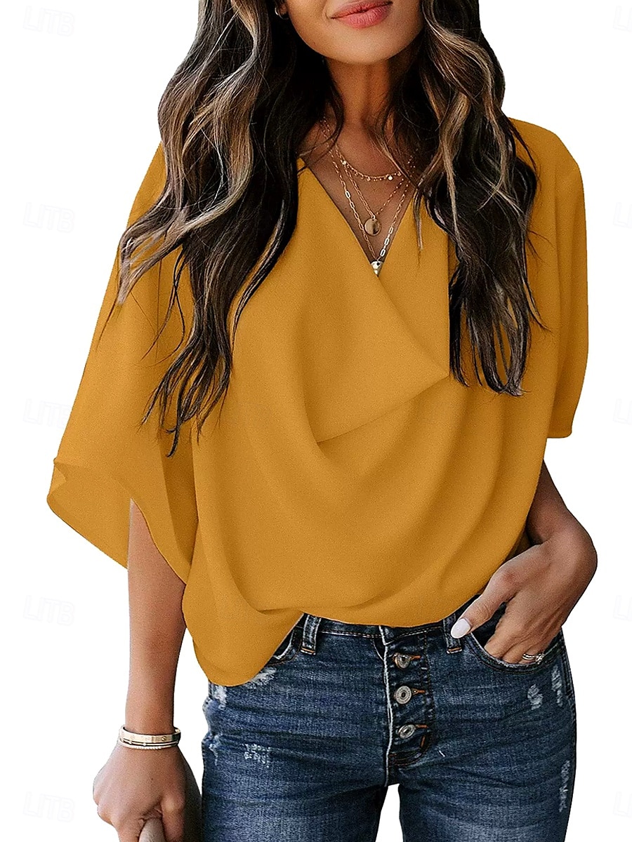 Femmes Hauts d'été Couleur Unie Uni Quotidien Élégant Occasionnel Demi Manches Col en V Hauts Réguliers Travail Quotidien Fête Froncé Drapé Noir Blanche Rose Claire Bleu Violet Été Printemps Automne de 2025 ? $19.99 –P7