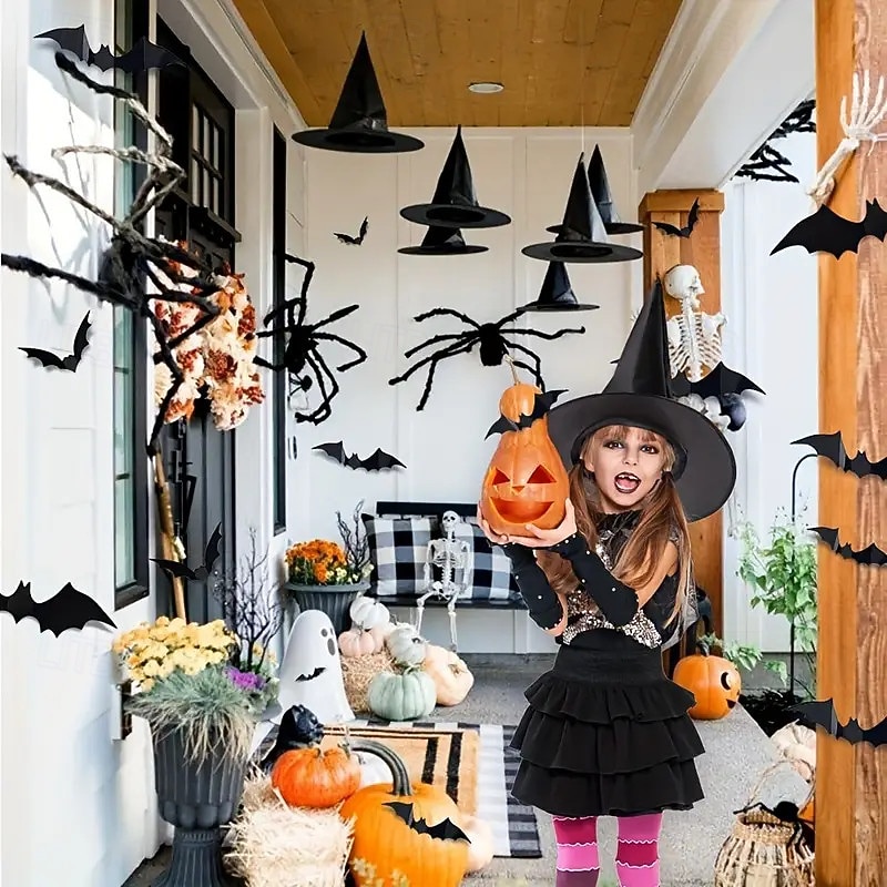 Cappello da strega nero di Halloween con decorazione da parete a forma di pipistrello 3D, costumi di Halloween, accessori da strega, cappelli, decorazioni per feste di Halloween fantasy del 2025 a $26.99 –P3