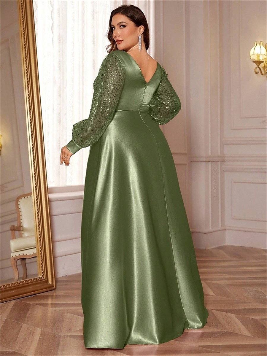 Robe A-Line Grande Taille Élégante Robe Courbe De Mariage Formelle Longue Au Sol Manches Longues Col en V En Polyester Avec Plis 2025 de 2025 ? $119.99 –P6