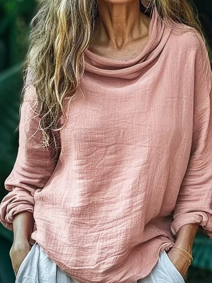 Dame Bluse Helfarge Daglig Fritid Langermet Cowl-hals Vanlige topper Daglig Drapering Svart Rosa Blå Fuksia Grå Sommer Vår 2025 - $21.99 –P5