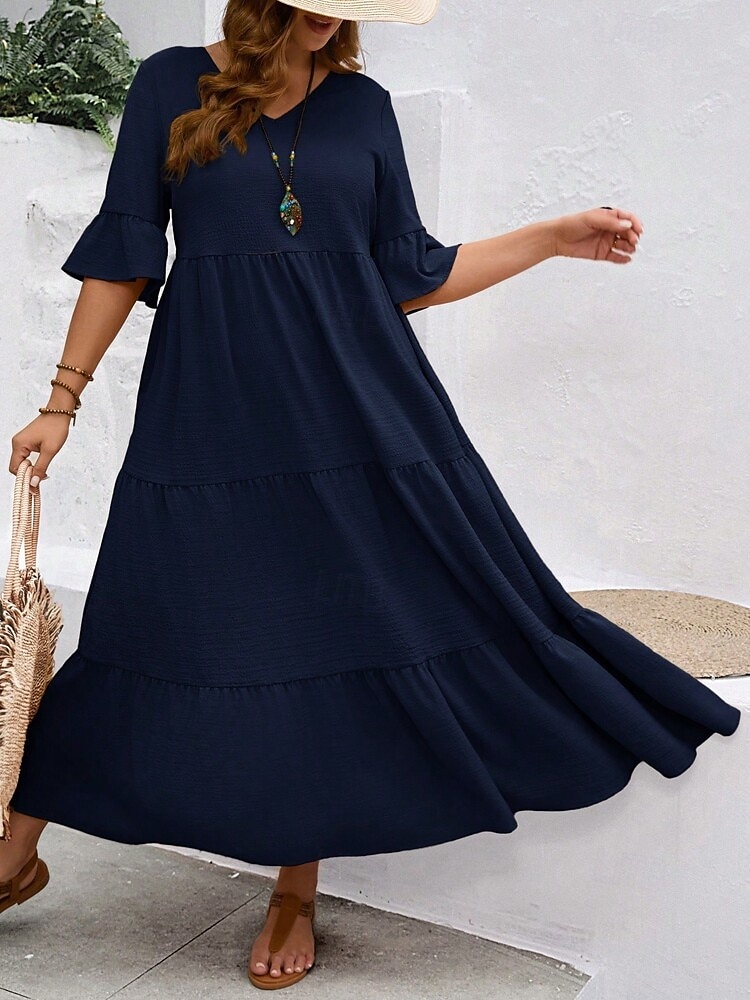Women's Maxi Dress A Line Dress Vacation Casual Beach Daily Holiday Date Plain Half Sleeve V Neck Navy Black Ivory Yellow Summer 2025 - $39.99 –P8