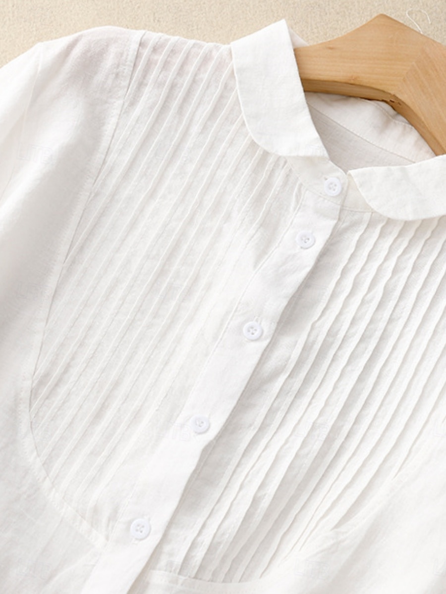 Per donna Camicie di cotone e lino Tinta unica Elegante Essenziale Casual Manica 3/4 Colletto a Camicia Top Regolari Quotidiano Bottoni Bianco Rosa Azzurro Estate del 2025 a $34.99 –P9