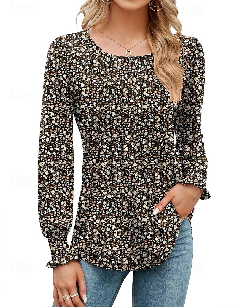 Dame Bluse Blomsternål i krystall Moderne Fritid Langermet Crew-hals Vanlige topper Daglig Ferie Trykt mønster Svart Gul Militærgrønn Høst 2025 - $18.99 –P1