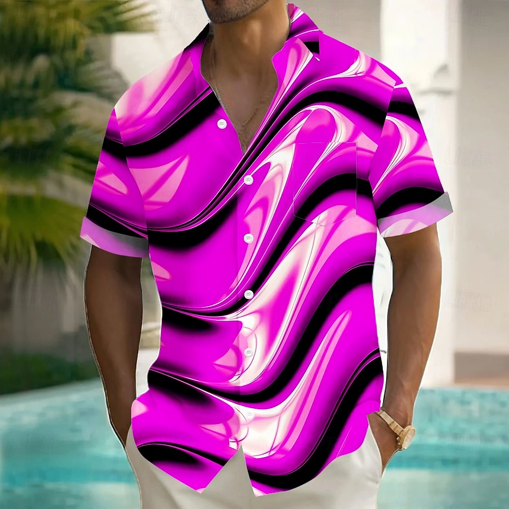 Men's Geometric Waves Shirt Summer Shirt Button Up Shirt Short Sleeve Fashion Casual Vacation Holiday Streetwear Summer Turndown 3D Print Front One Pocket Linen Like Shirt Yellow Blue Purple Green 2025 - $23.99 –P4