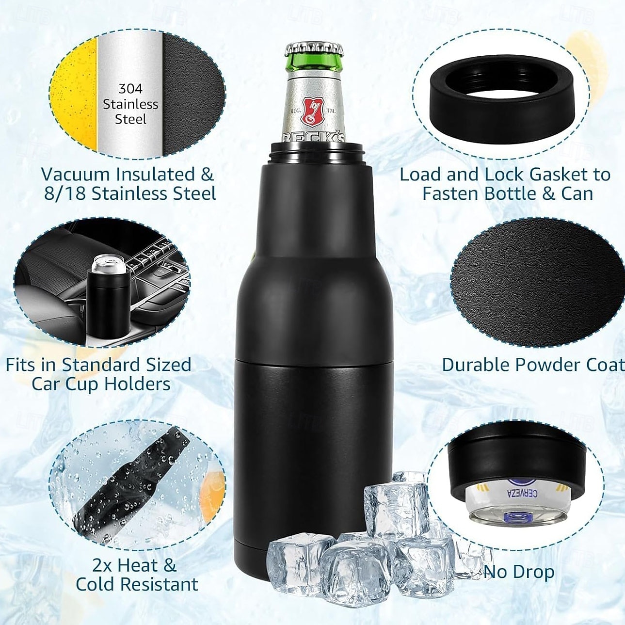 ψυγείο μπουκαλιών και κουτιών μπύρας, θήκη μπύρας από ανοξείδωτο ατσάλι με μόνωση κενού με ανοιχτήρι, ταιριάζει σε λεπτά κουτιά και μπουκάλια, ψυγείο ποτών με διπλό τοίχωμα για άνδρες, μαύρο μεσάνυχτα 2025 - $20.99 –P7