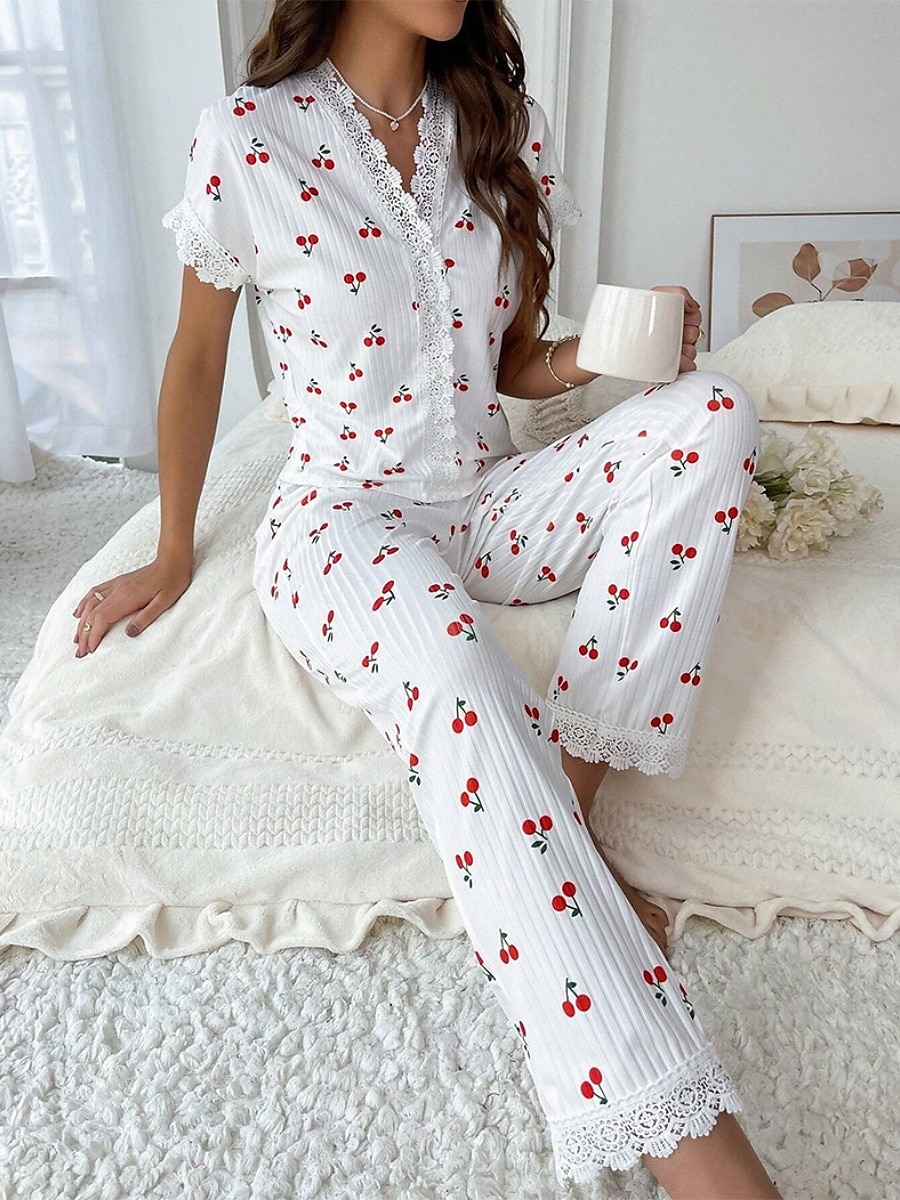 Dam Pyjamas set Ledigt Komfort Körsbär Elastisk midja Skjorta Byxa Hem Dagligen Kortärmad V-hals Vit Sommar Vår Höst Normal 2025 - $16.99 –P2