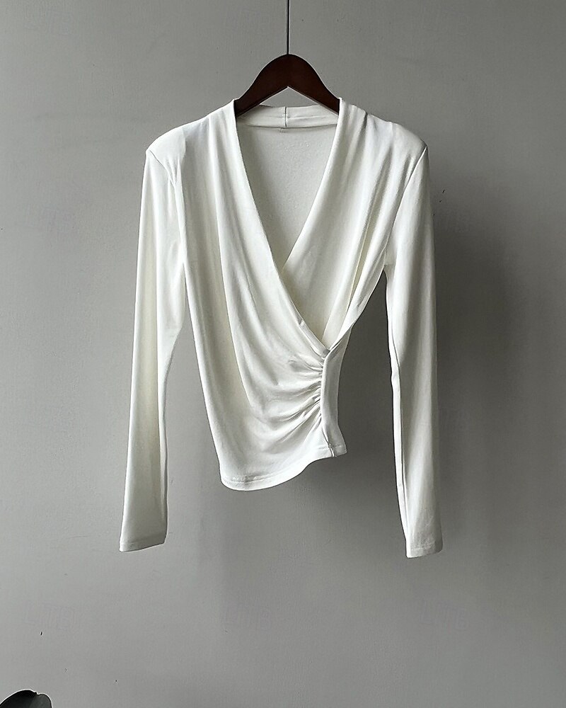 Femmes Chemisier Uni Moderne Occasionnel manche longue Col en V Hauts Réguliers Quotidien Fête Froncé Noir Blanche Marron clair Automne de 2025 ? $22.99 –P12