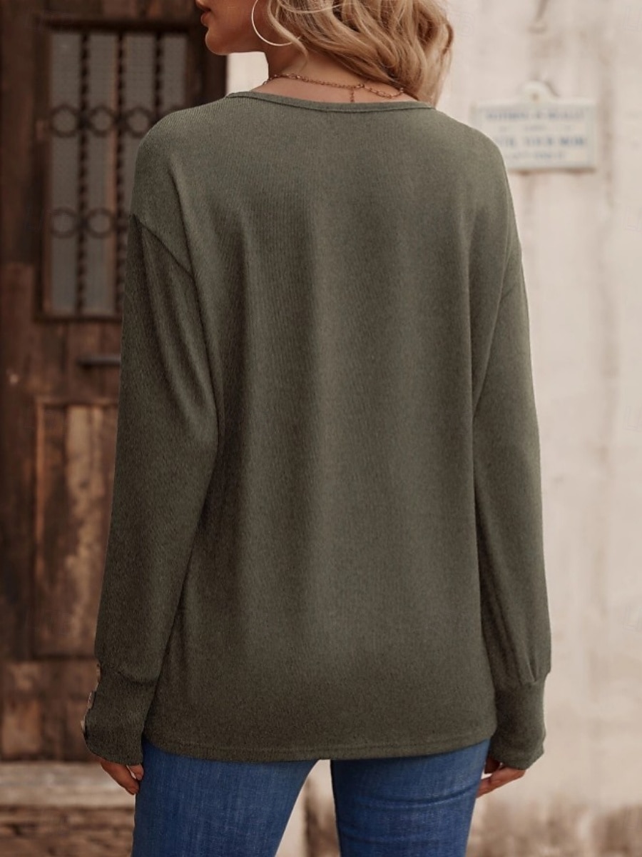 Dame Bluse Helfarge Stilfull Fritid Langermet V-hals Vanlige topper Daglig Knapper Svart Hvit Vin Militærgrønn Navyblå Sommer Vår 2025 - $18.99 –P14