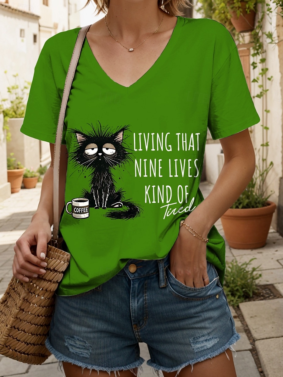 Per donna Maglietta Grafico Animale Gatto Vintage Elegante Classico Manica Corta Scollo a V Top Regolari Quotidiano Stampato Nero Bianco Rosa Rosso Blu Estate Primavera del 2025 a $19.99 –P8